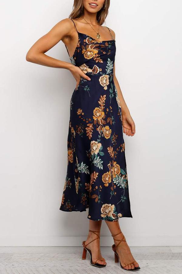 Retro Floral Print Sexy Sling Midi Dress