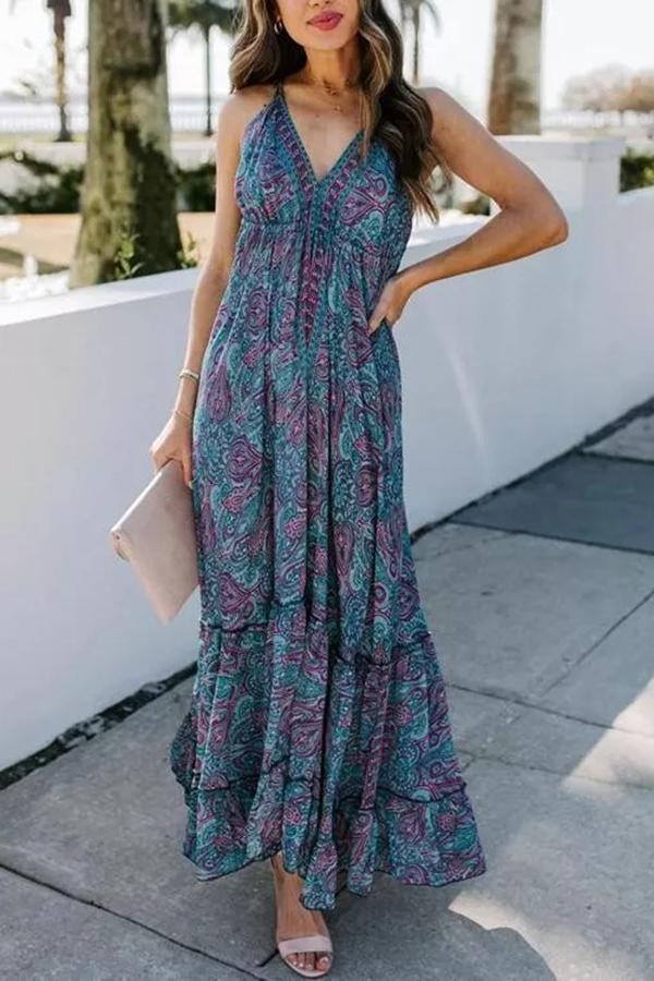 V-neck Cashew Flower Print Maxi Strap Dress