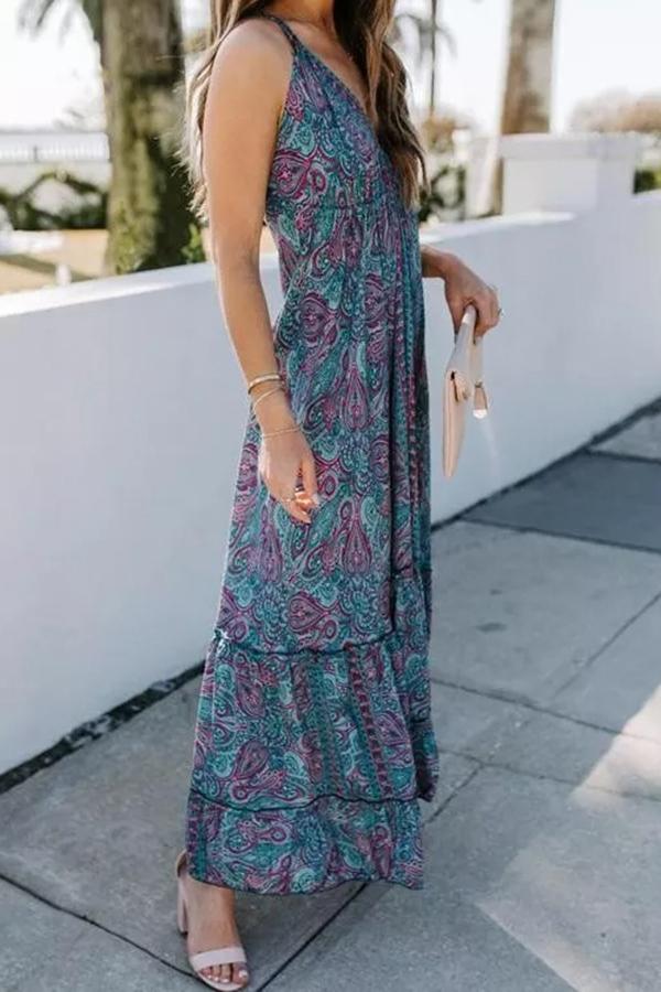 V-neck Cashew Flower Print Maxi Strap Dress