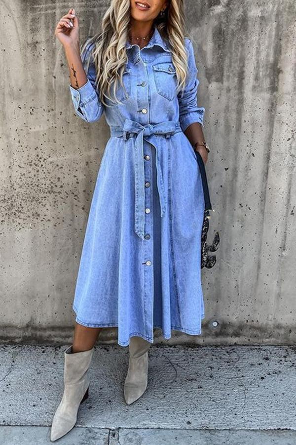 Denim Casual High Waist Pocket Lapel Dress