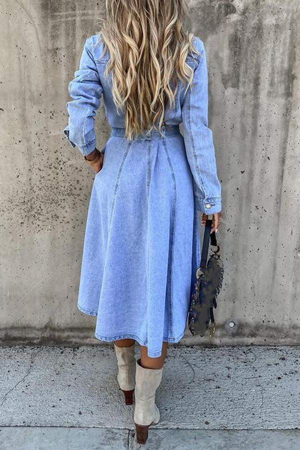 Denim Casual High Waist Pocket Lapel Dress