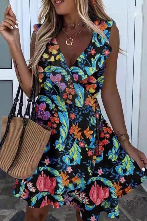 Temperament Commuter High Waist V-neck Flower Print Dress