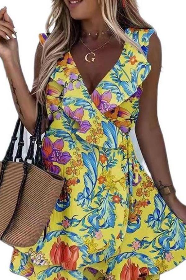 Temperament Commuter High Waist V-neck Flower Print Dress