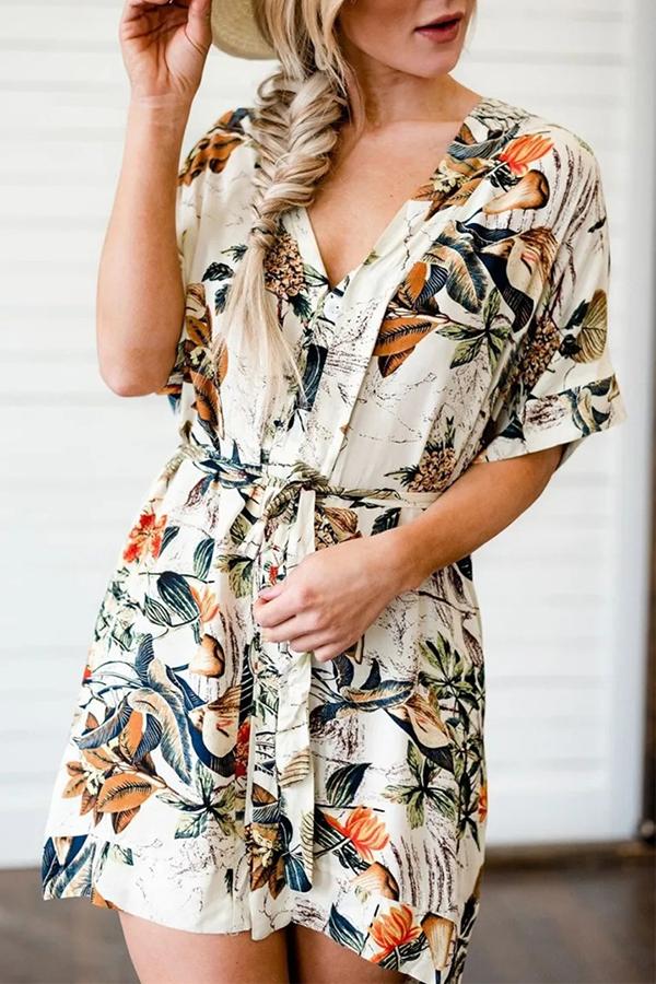 Buttoned Lace Printed V-neck Short-sleeved Dress