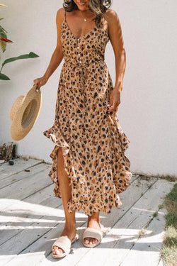 Leopard Print Ruffled Halter Strap Dress