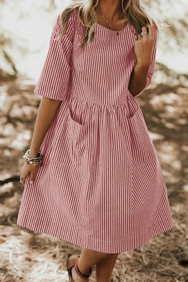 Loose Casual Round Neck Stripe Pockets Dress