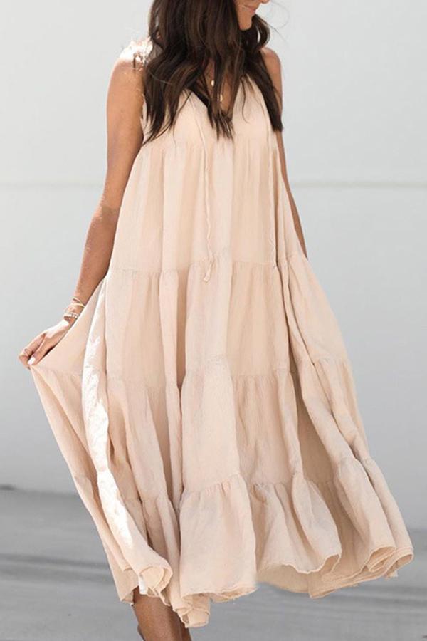 Solid Color Sleeveless Pleated Ruffled Hem Casual Maxi Dress