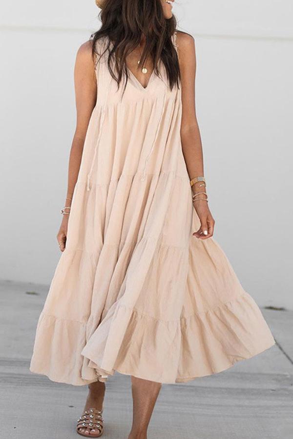 Solid Color Sleeveless Pleated Ruffled Hem Casual Maxi Dress