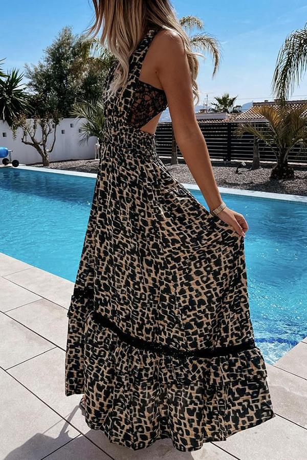 Floral Print Ruffle Tie Back Bohemian Maxi Dress