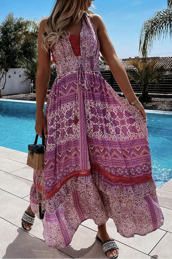 Floral Print Ruffle Tie Back Bohemian Maxi Dress