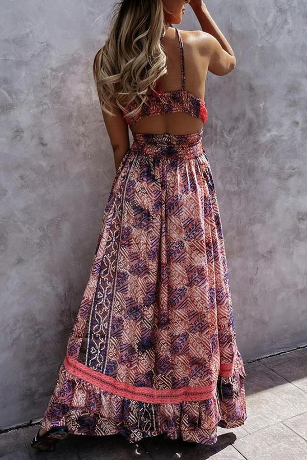 Floral Print Ruffle Tie Back Bohemian Maxi Dress