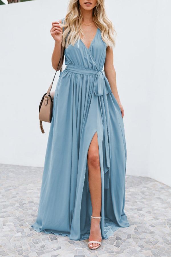 Solid Color V-neck Mid-waist Sleeveless Maxi Dress