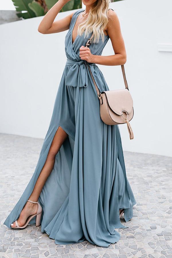 Solid Color V-neck Mid-waist Sleeveless Maxi Dress