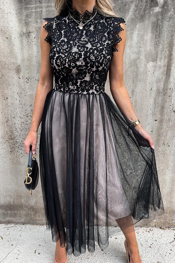 Black Lace Stitching Mesh Sleeveless Midi Dress