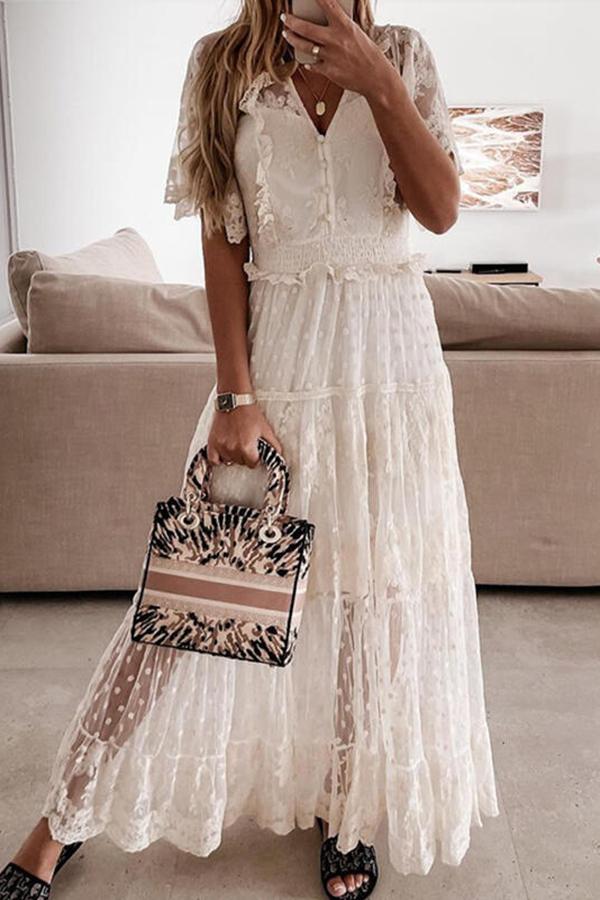 V-neck Short-sleeved Lace Maxi Dress