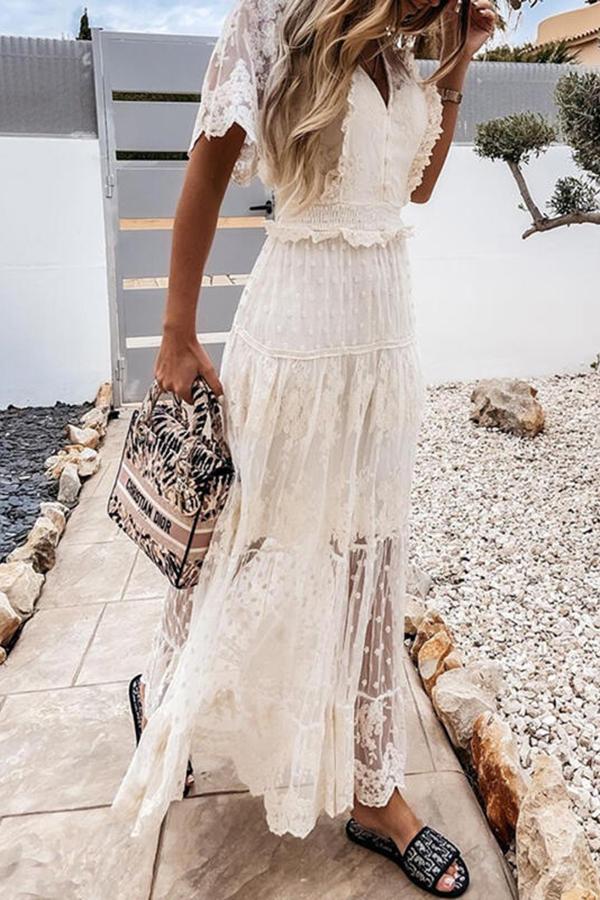 V-neck Short-sleeved Lace Maxi Dress