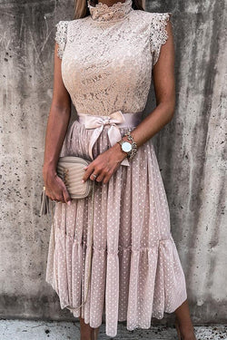 Pink Mesh Lace Stitching Midi Dress