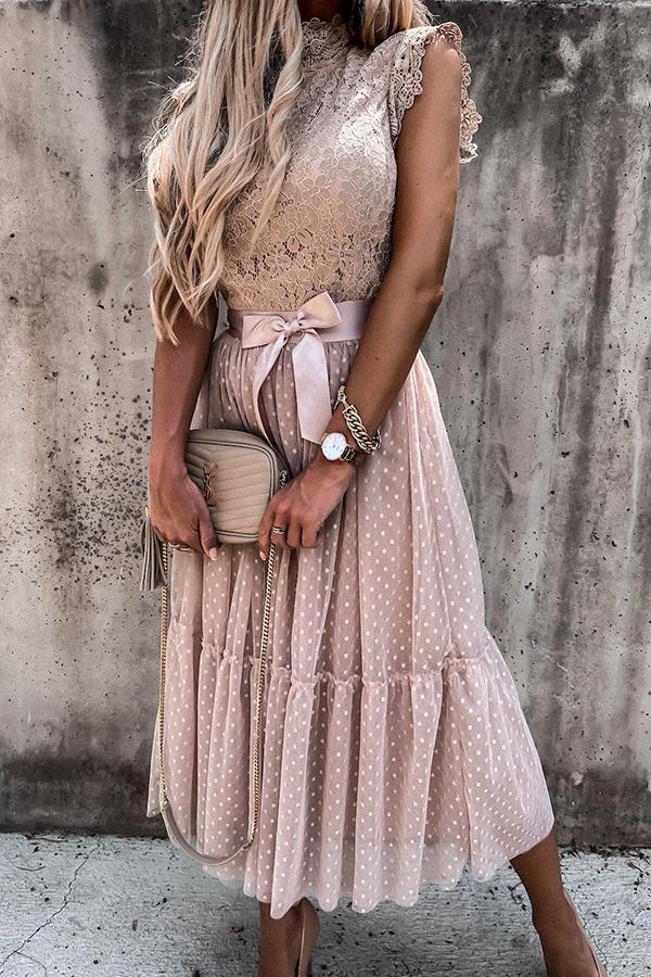 Pink Mesh Lace Stitching Midi Dress