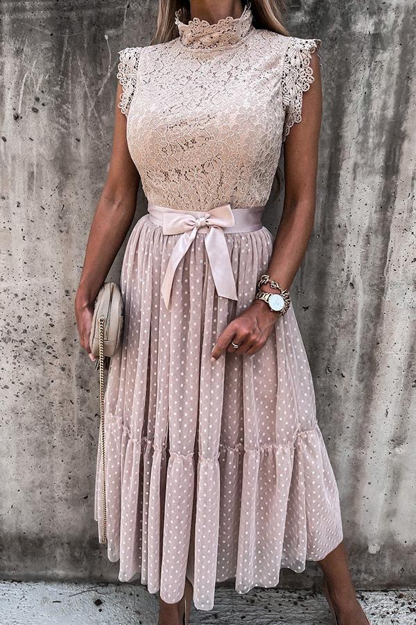 Pink Mesh Lace Stitching Midi Dress