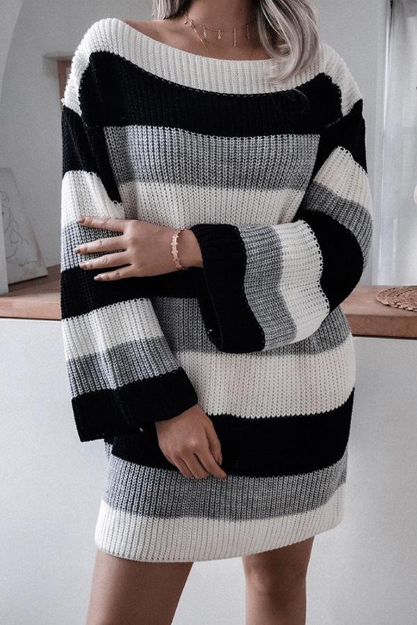 Off-the-shoulder Loose Contrast Striped Sweater Dress