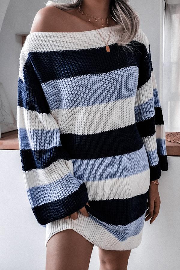 Off-the-shoulder Loose Contrast Striped Sweater Dress