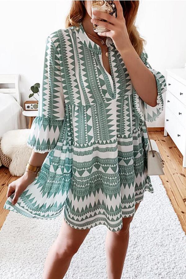 Geometric Print Candy Color V-neck Dress