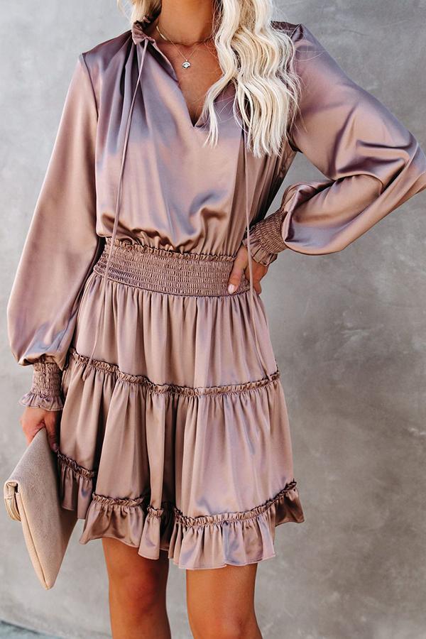 V-neck Solid Color Long-sleeved Waist Stitching Dress