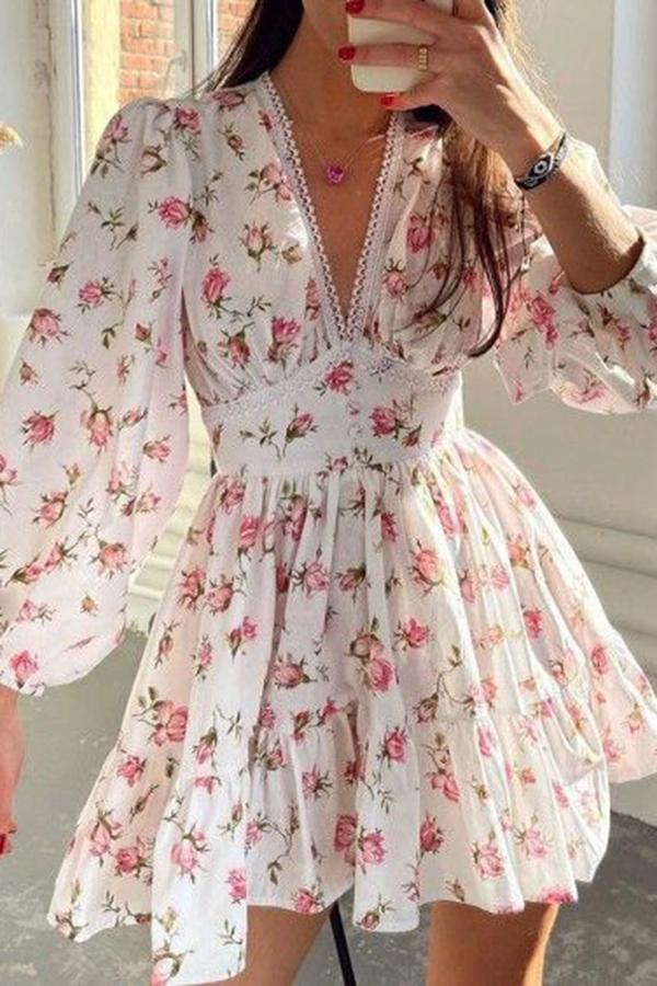 V-neck Printed Long-sleeved Cutout Dress