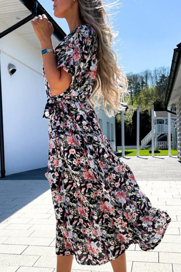 V-neck Waist Floral Print Midi Skirt