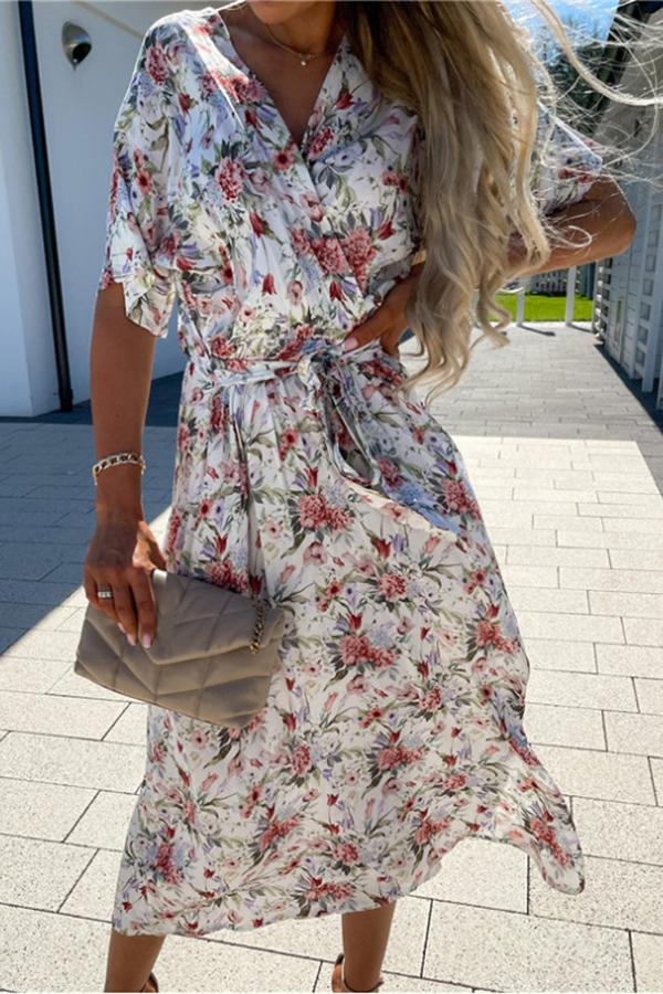 V-neck Waist Floral Print Midi Skirt