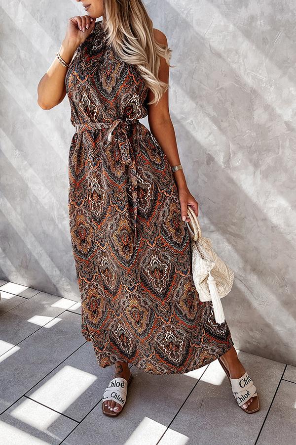 Sleeveless Printed Dress Lace Up Dress