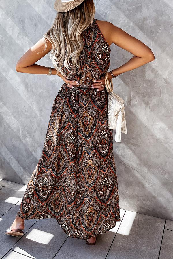 Sleeveless Printed Dress Lace Up Dress