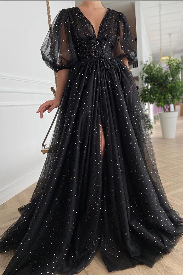 V-neck Lantern Sleeve Glittery Mesh Dress