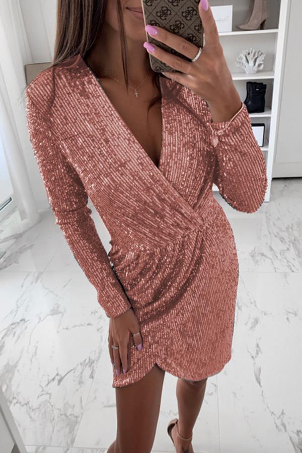 Shiny Long Sleeve V-neck Party Dress