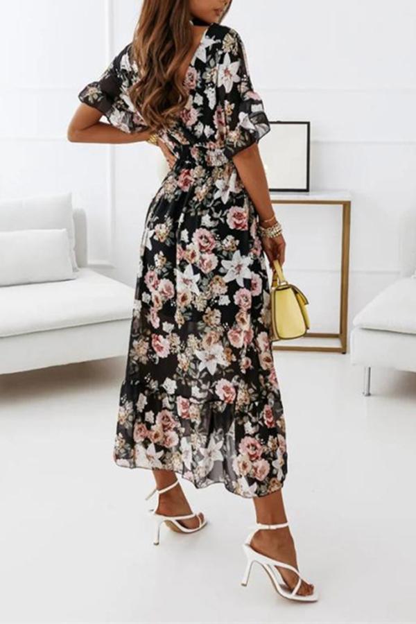 Short-sleeved Waist Floral Dress