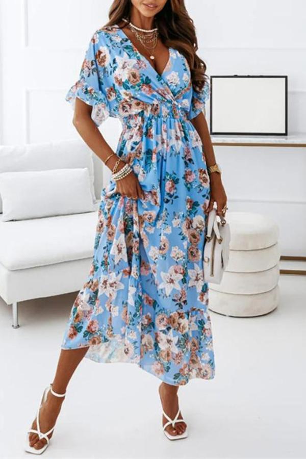 Short-sleeved Waist Floral Dress