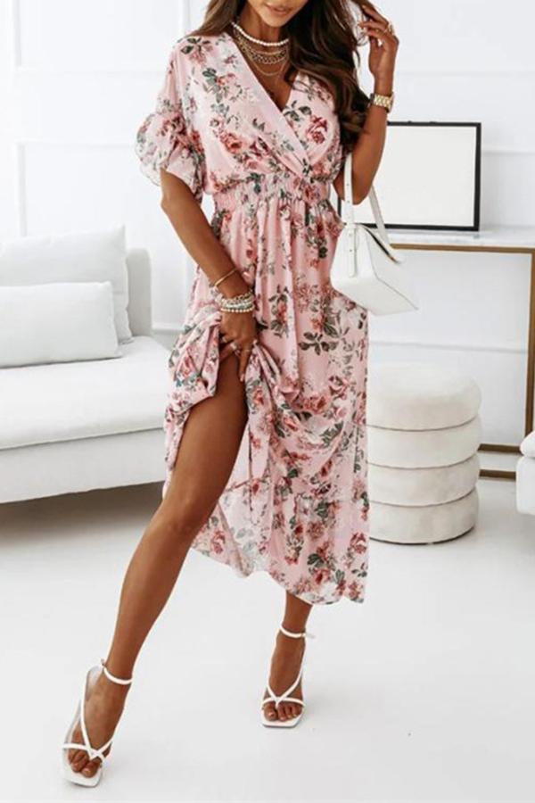 Short-sleeved Waist Floral Dress