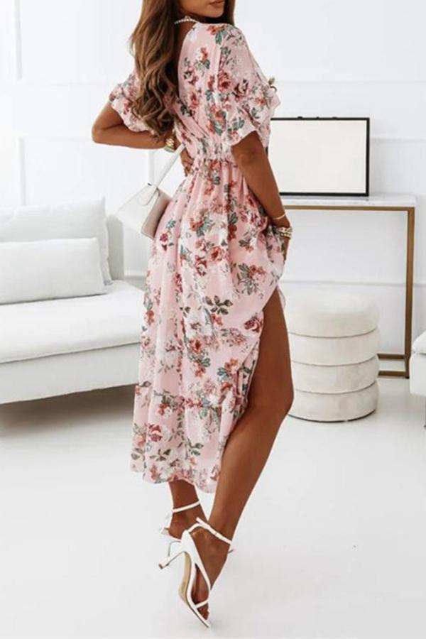 Short-sleeved Waist Floral Dress