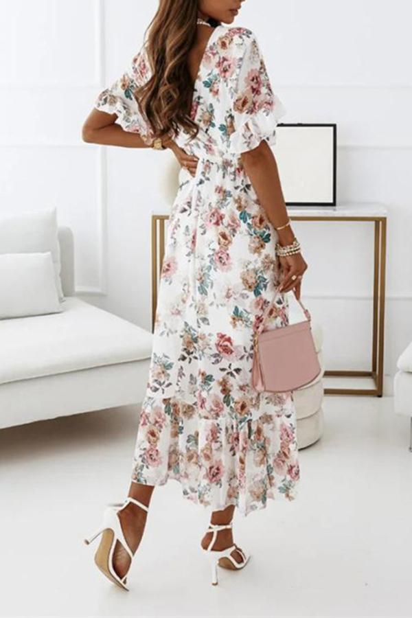 Short-sleeved Waist Floral Dress