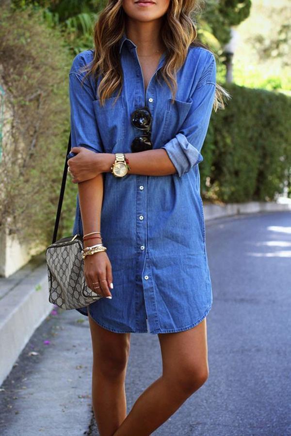 Long Sleeve Button Pocket Denim Dress