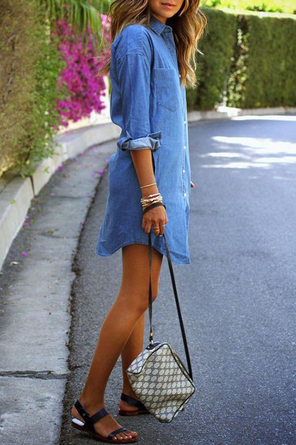 Long Sleeve Button Pocket Denim Dress