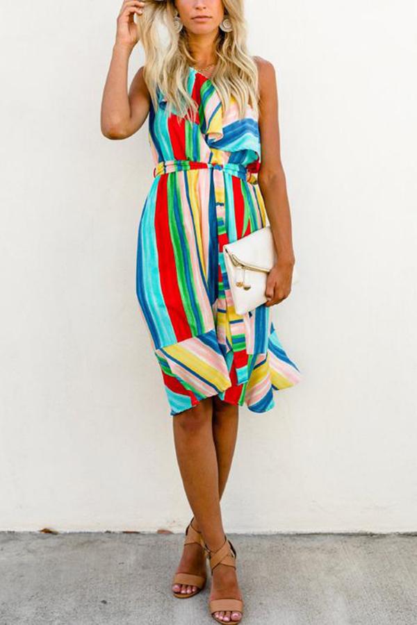 Boho Rainbow Color One-shoulder Dress