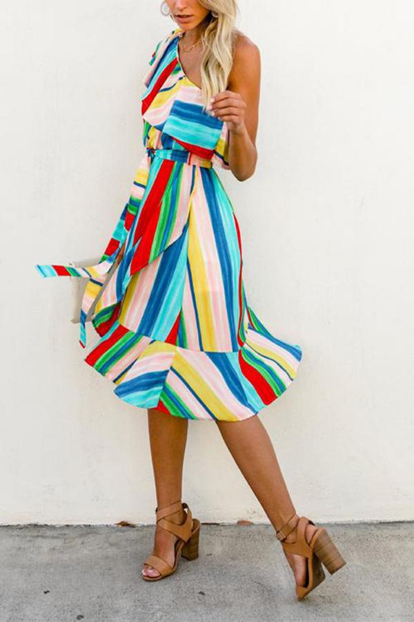 Boho Rainbow Color One-shoulder Dress