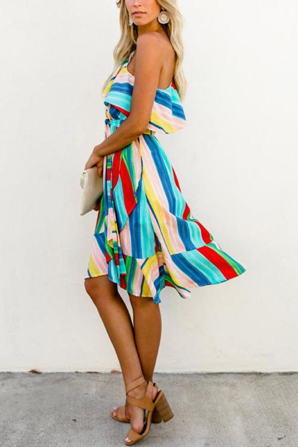 Boho Rainbow Color One-shoulder Dress