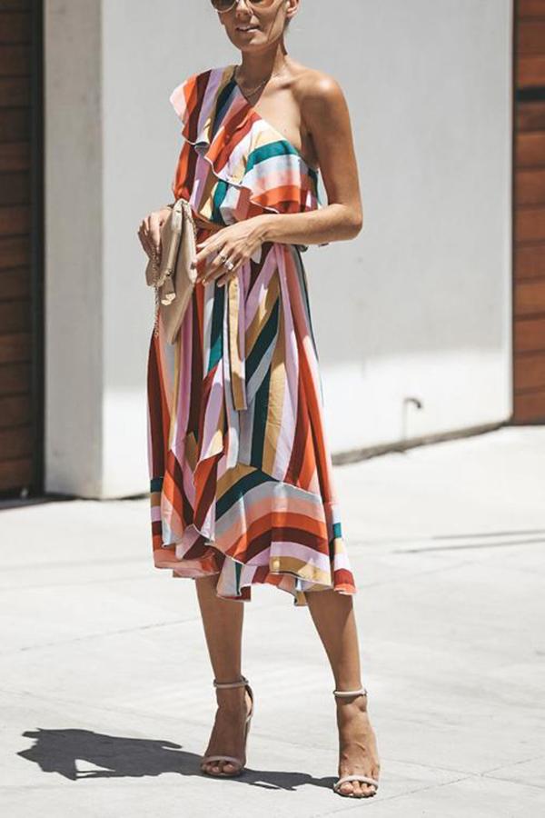 Boho Rainbow Color One-shoulder Dress