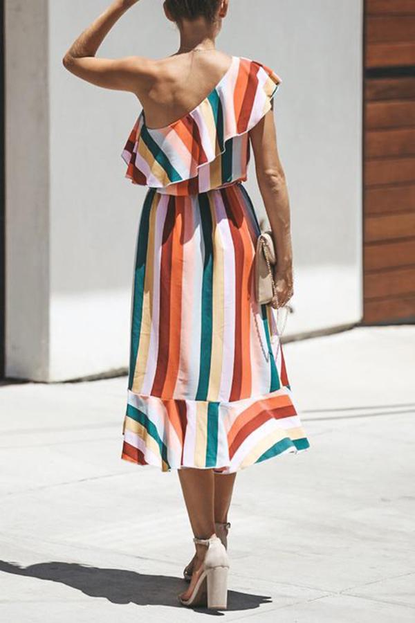 Boho Rainbow Color One-shoulder Dress