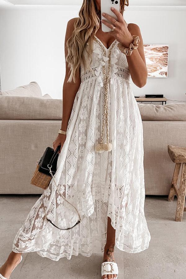 Romantic Sphagetti Straps V-neck High-low Lace Dress