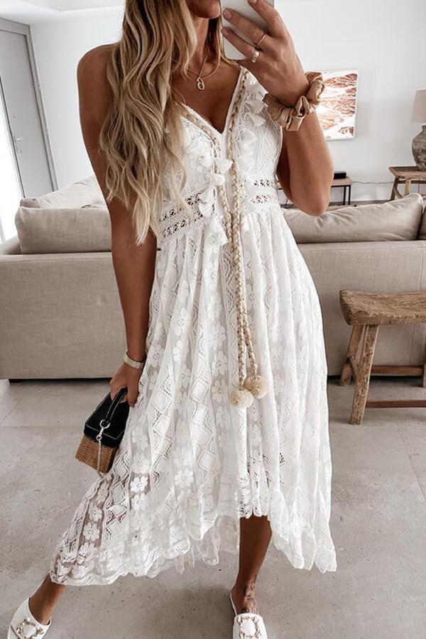 Romantic Sphagetti Straps V-neck High-low Lace Dress