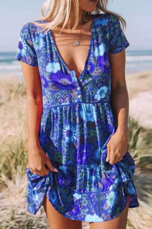 Bohemia Floral Print V Neck Swing Dress