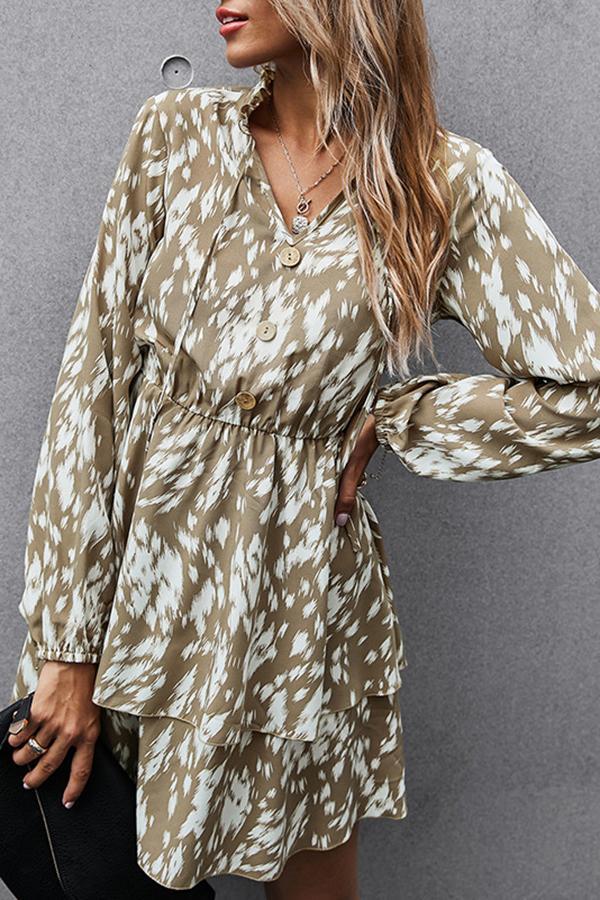 Design High-waist Print Long-sleeved Temperament Dress